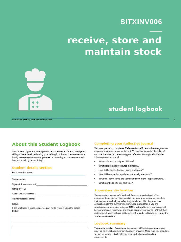SITXINV006 Student Logbook | PDF | Refrigerator | Food Safety