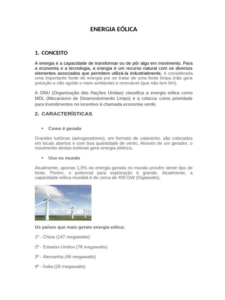 Vantagens e Desvantagens da Energia Eólica | PDF | Energia eólica ...