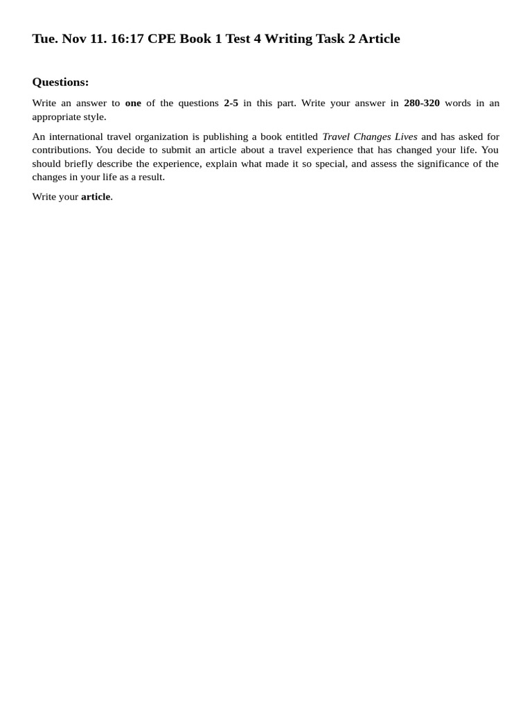 Tue. Nov 11. 16-17 CPE Book 1 Test 4 Writing Task 2 Article | PDF ...