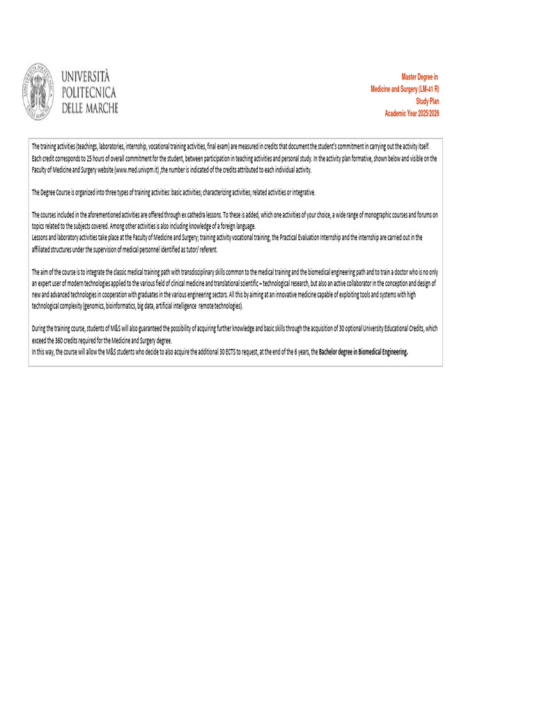 MU23 - Piano - Medicine and Surgery A.A. 25-26-2 | PDF | Medicine ...