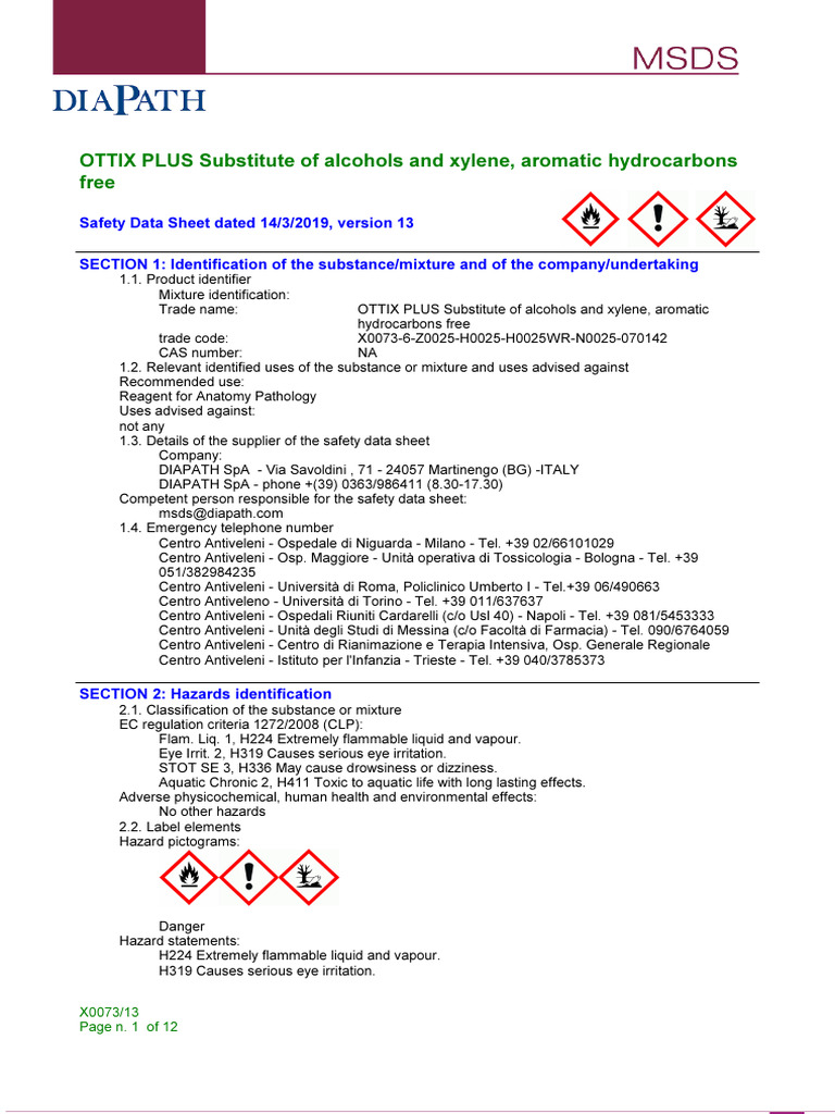 OTTIX PLUS Safety Data Sheet Overview | PDF | Dangerous Goods | Toxicity