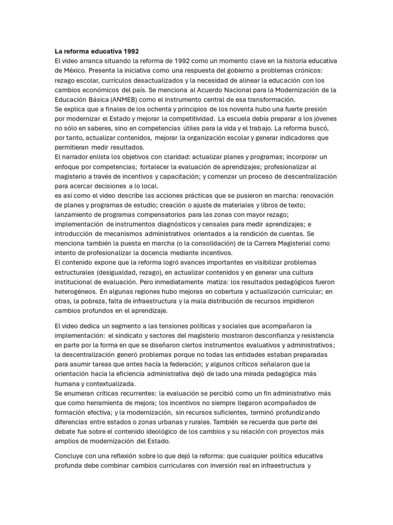 Reforma Educativa 1992 en México: Impacto y Retos | PDF | Plan de ...