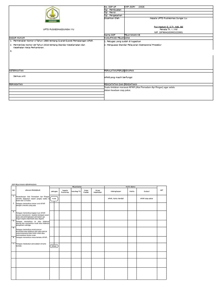 SOP Pemeliharaan APAR Puskesmas | PDF