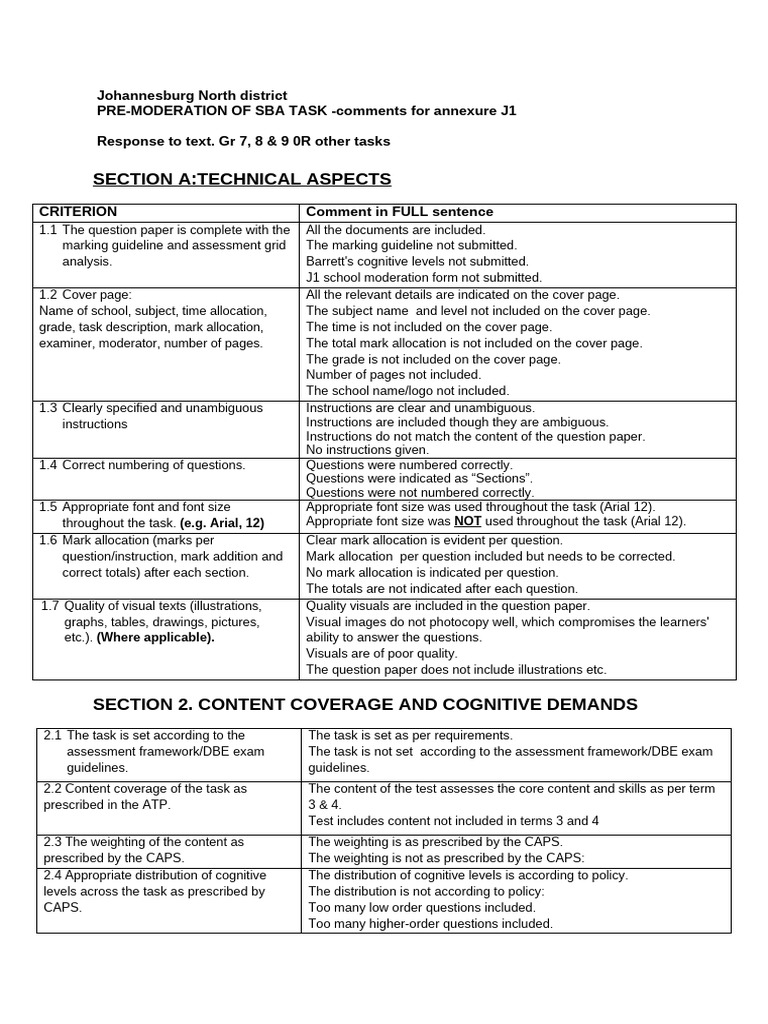 Johannesburg North SBA Task Moderation Report | PDF | Question ...
