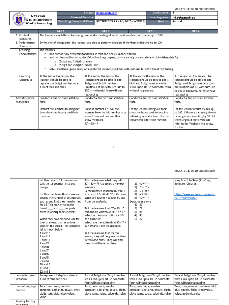 K to 10 Math Lesson Plan: Addition | PDF | Learning | Curriculum