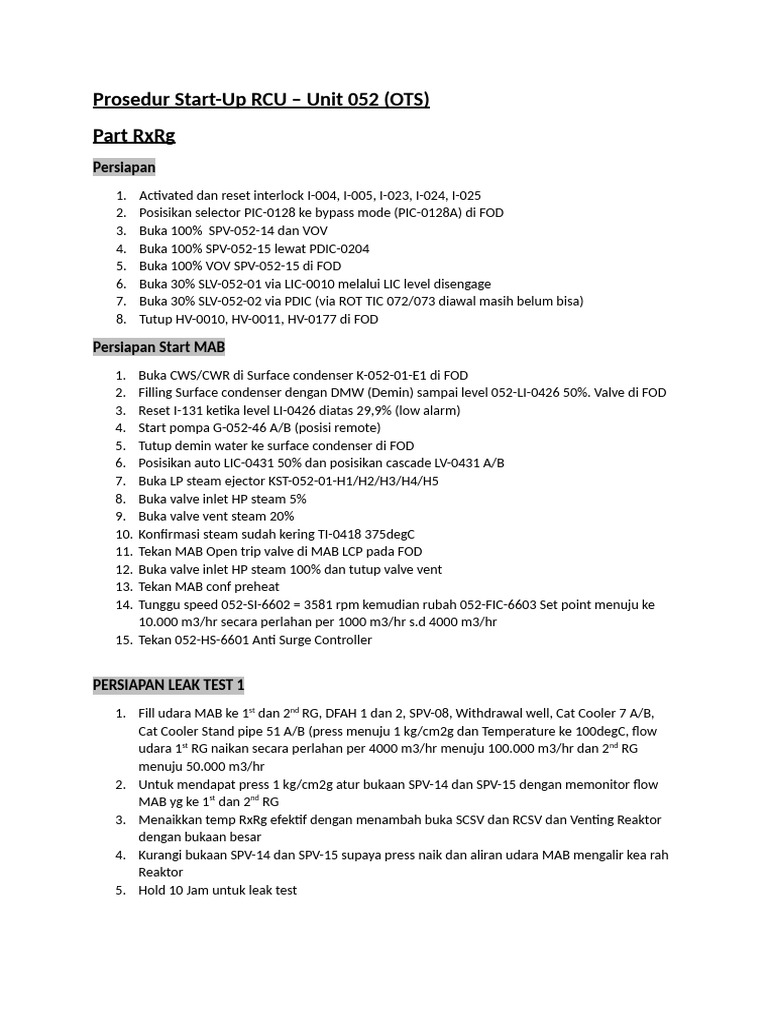Prosedur Start-Up RCU Unit 052 OTS | PDF