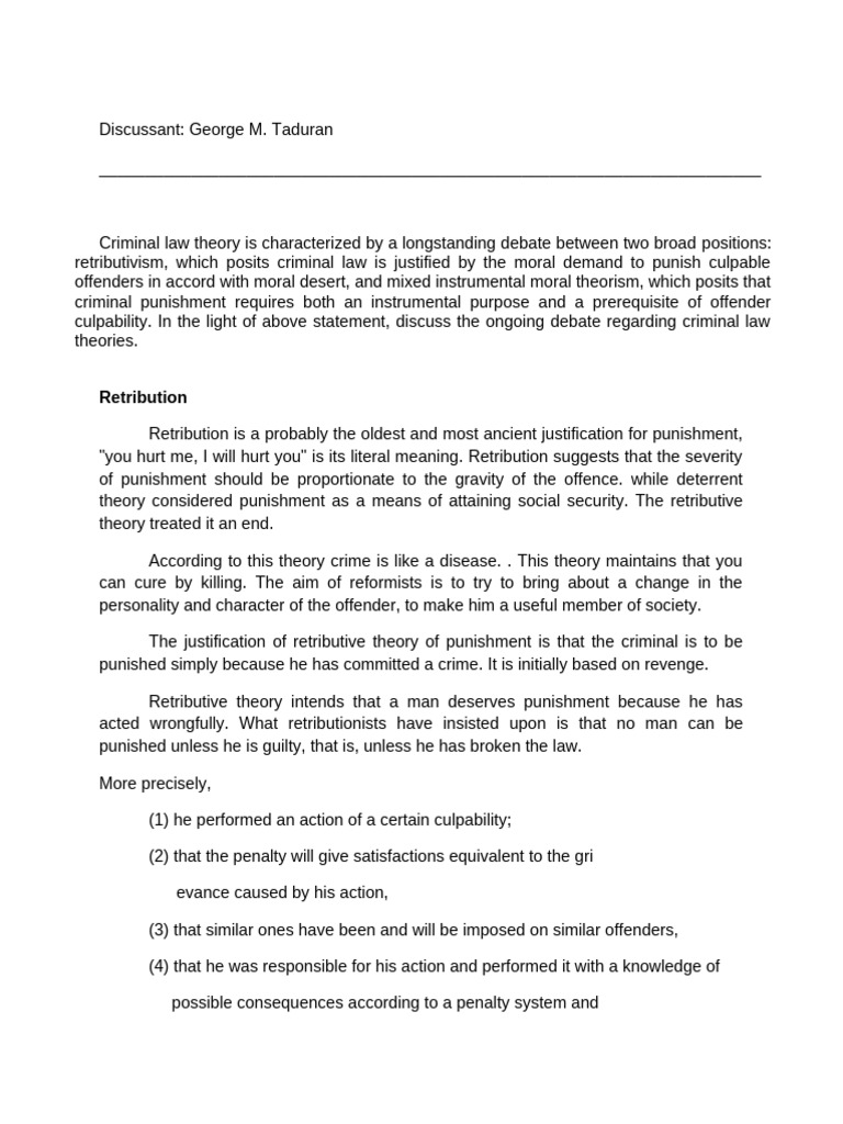 Retributive Theory in Criminal Law Debate | PDF | Punishments | Crimes