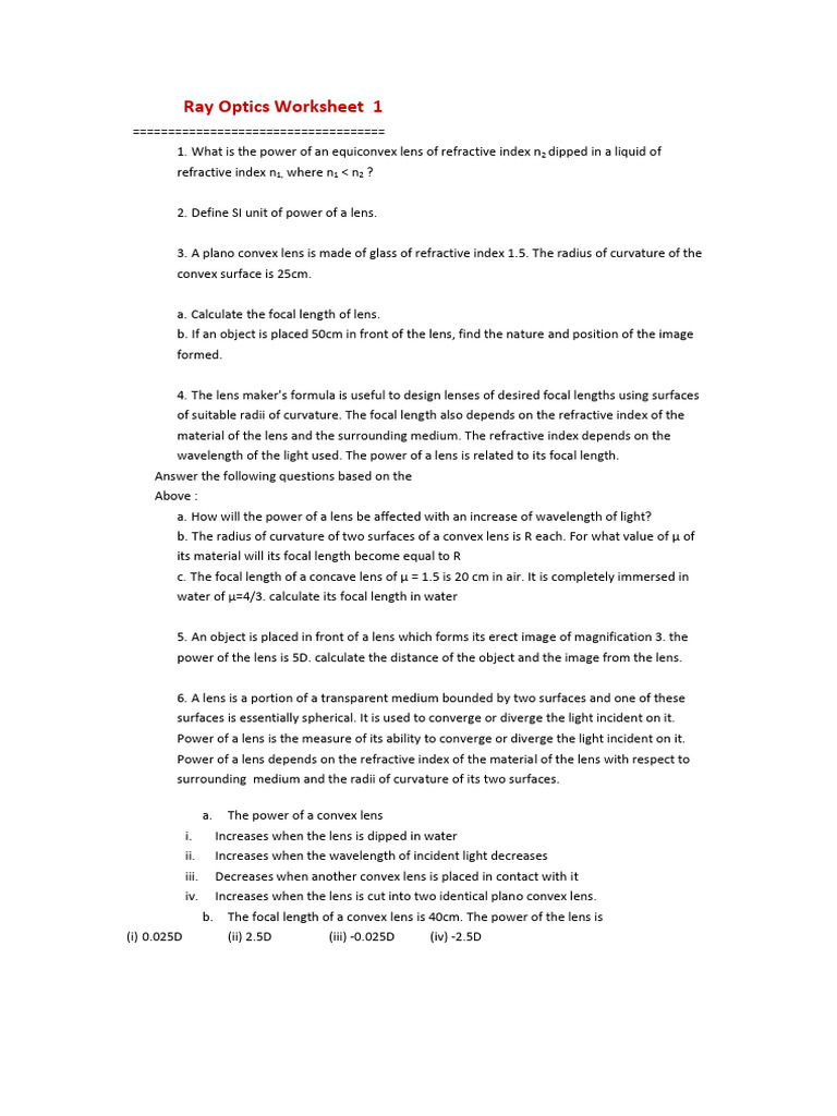 Ray Optics Problems and Solutions | PDF | Optics | Electromagnetic ...