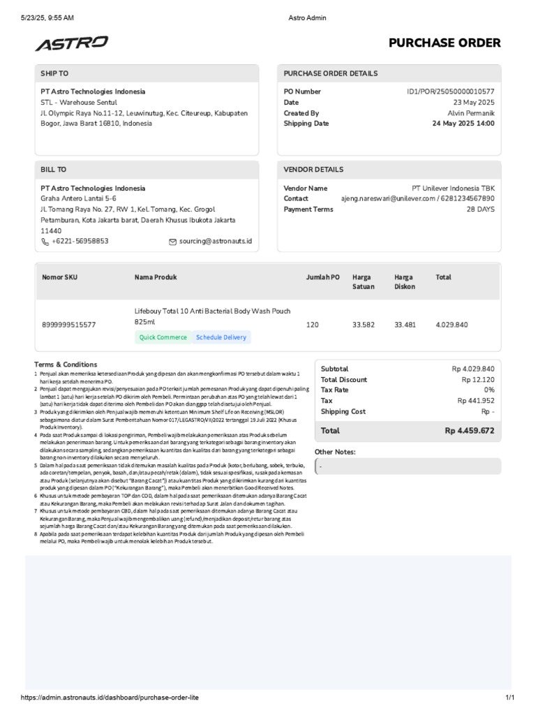 Purchase Order PT Astro Technologies | PDF