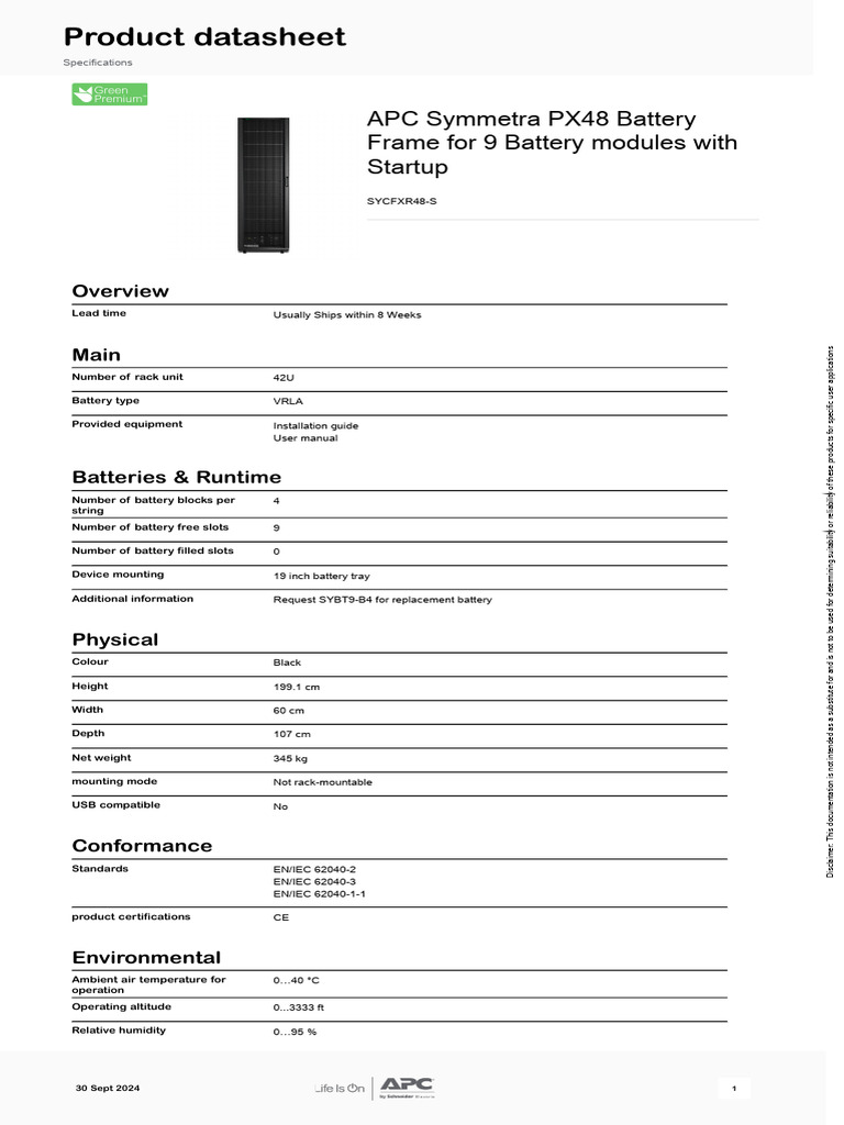 APC Symmetra PX48 Battery Frame Specs | PDF