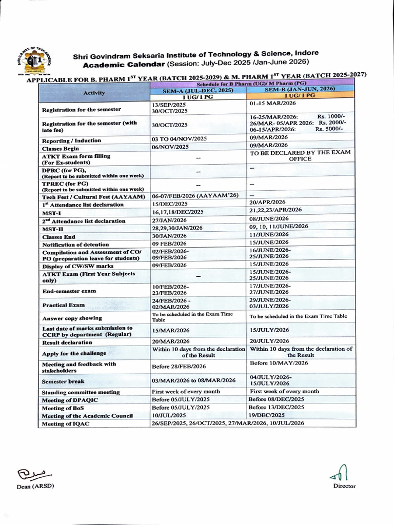 Academic Calendar 2025-2026: BPharm & MPharm | PDF