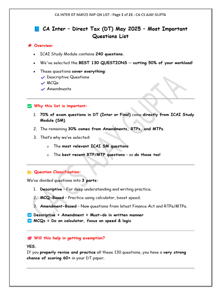CA Inter DT Final May25 Imp QN List | PDF