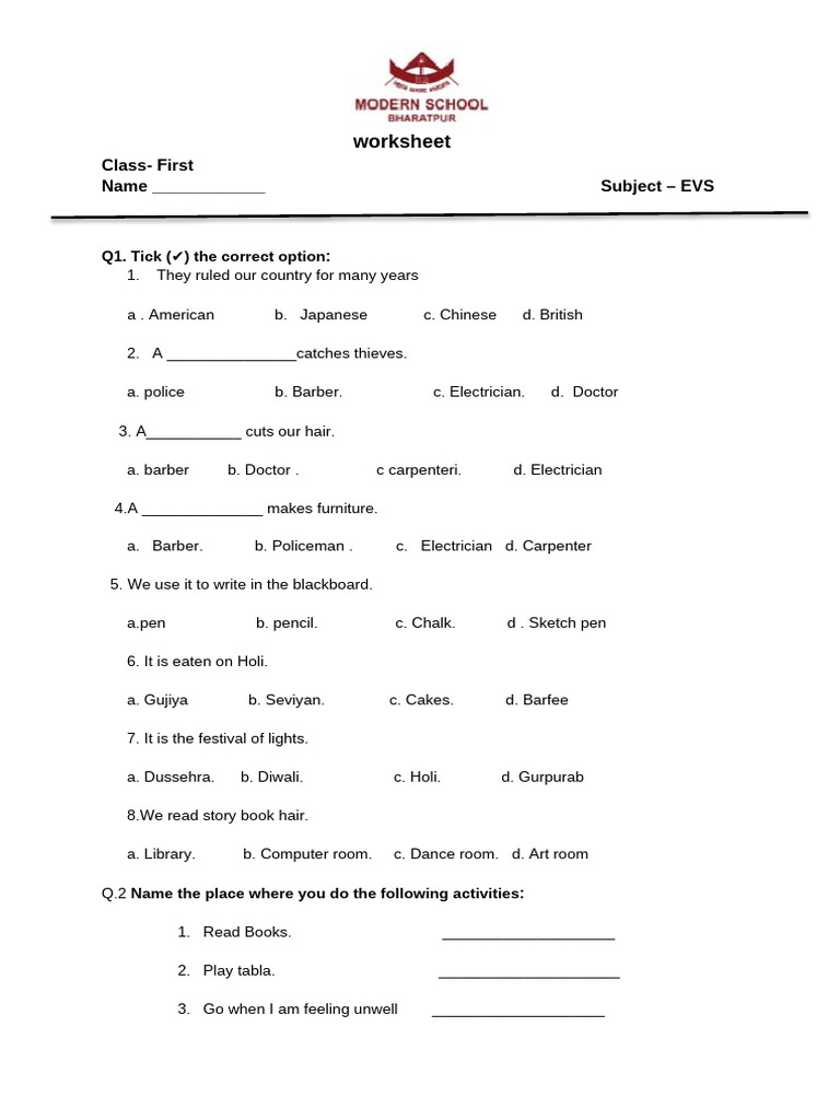 EVS Worksheet for First Grade Students | PDF