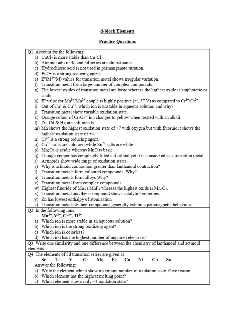 D-Block Elements Practice Questions | PDF | Transition Metals | Metals