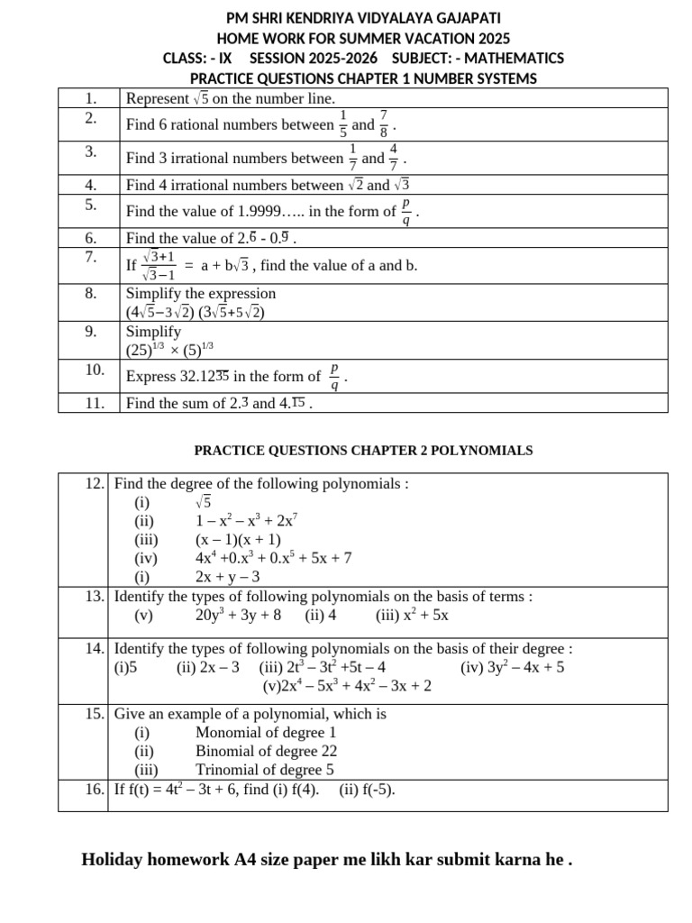 HOliday Homework Math Class Ix | PDF