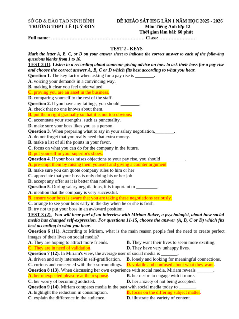 English Test for 12th Grade Students | PDF | Mathematics