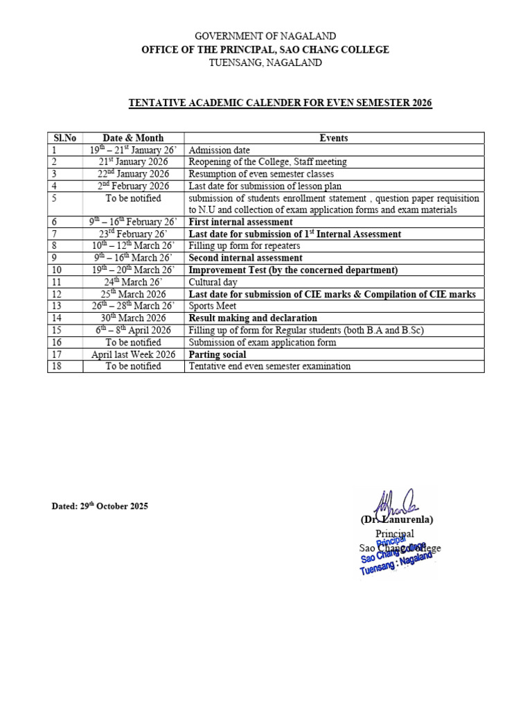 Sao Chang College Even Semester Calendar 2026 | PDF | Academic Term