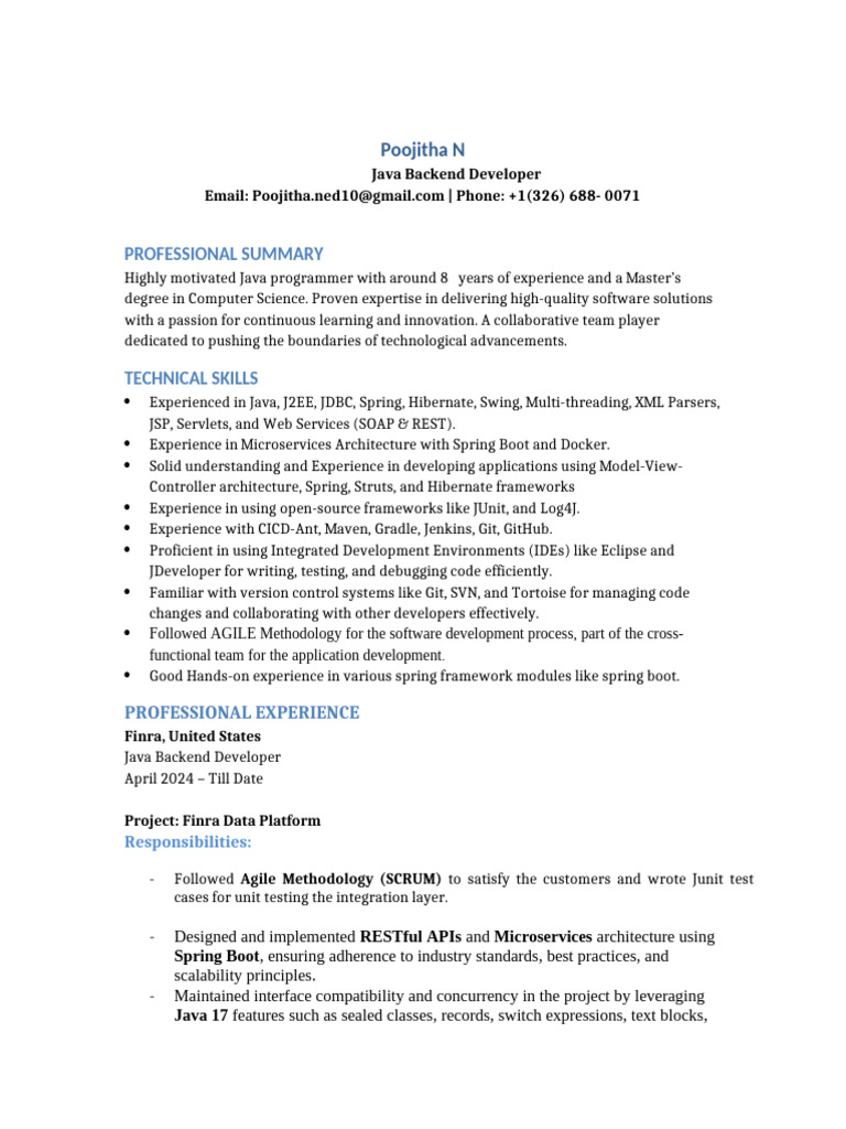 Poojitha Java Backend Engineer | PDF | Software Development | Java ...