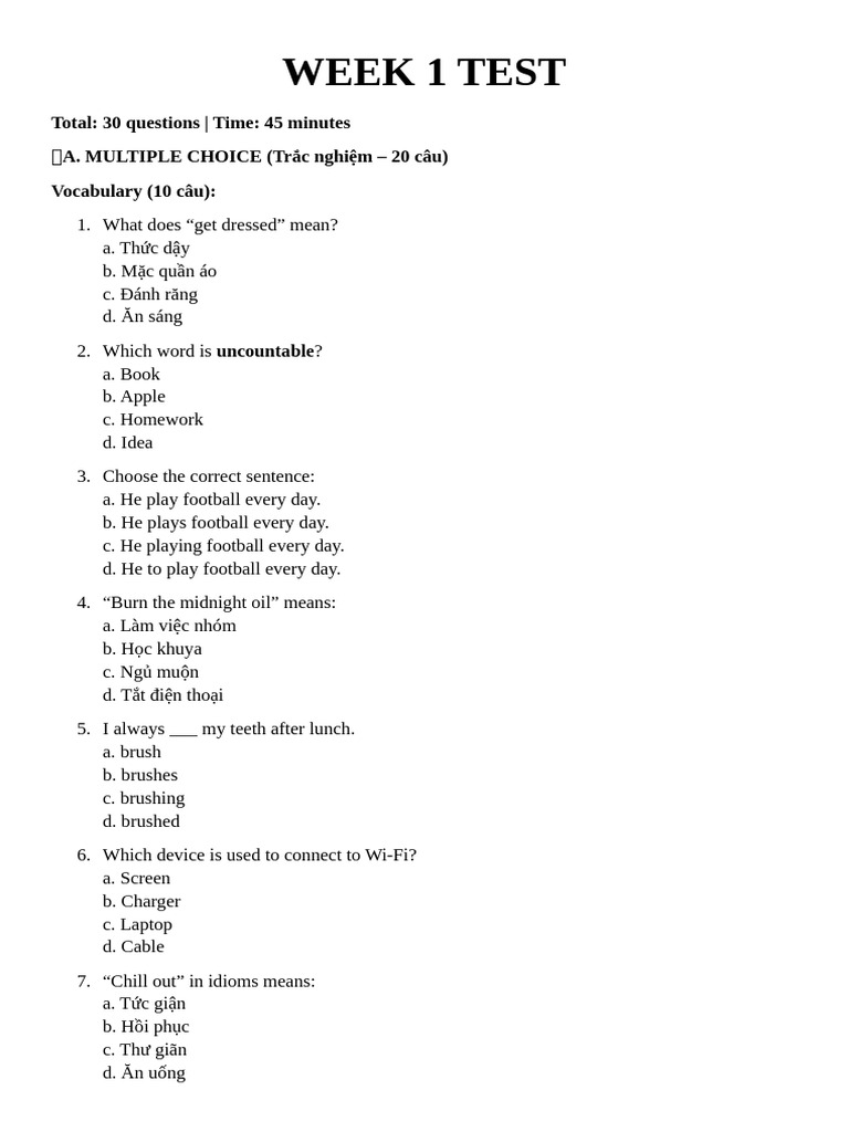 Week 1 English Test: MCQs & Writing Tasks | PDF | Chess Theory