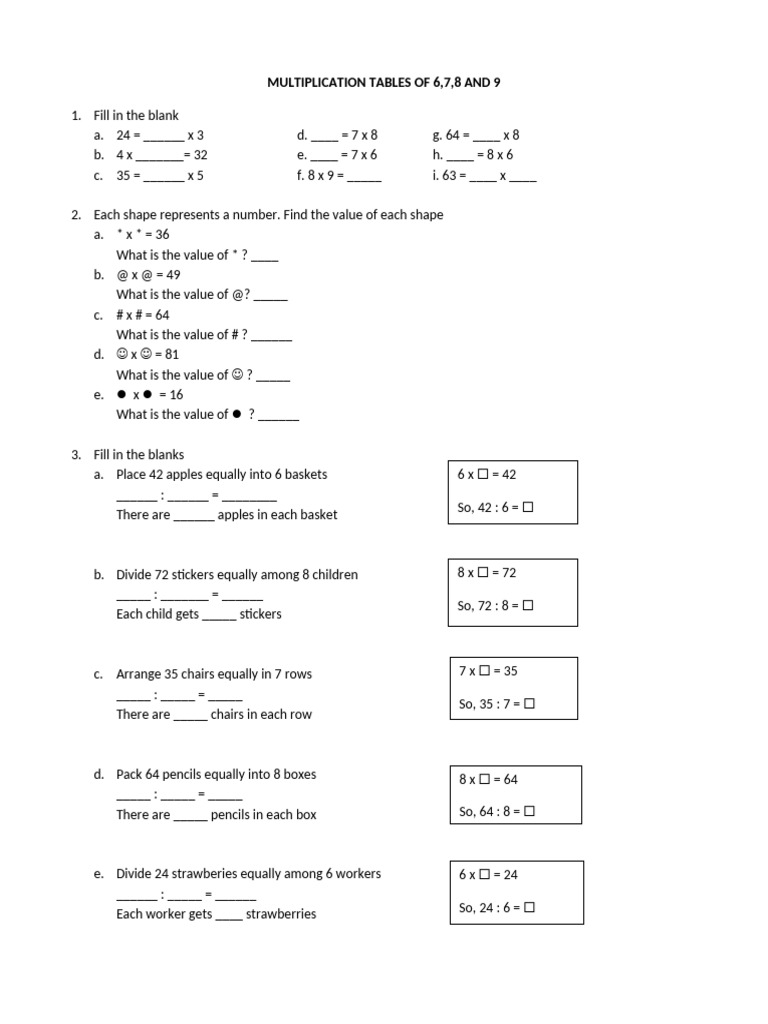 Multiplication Tables and Word Problems | PDF | Cakes