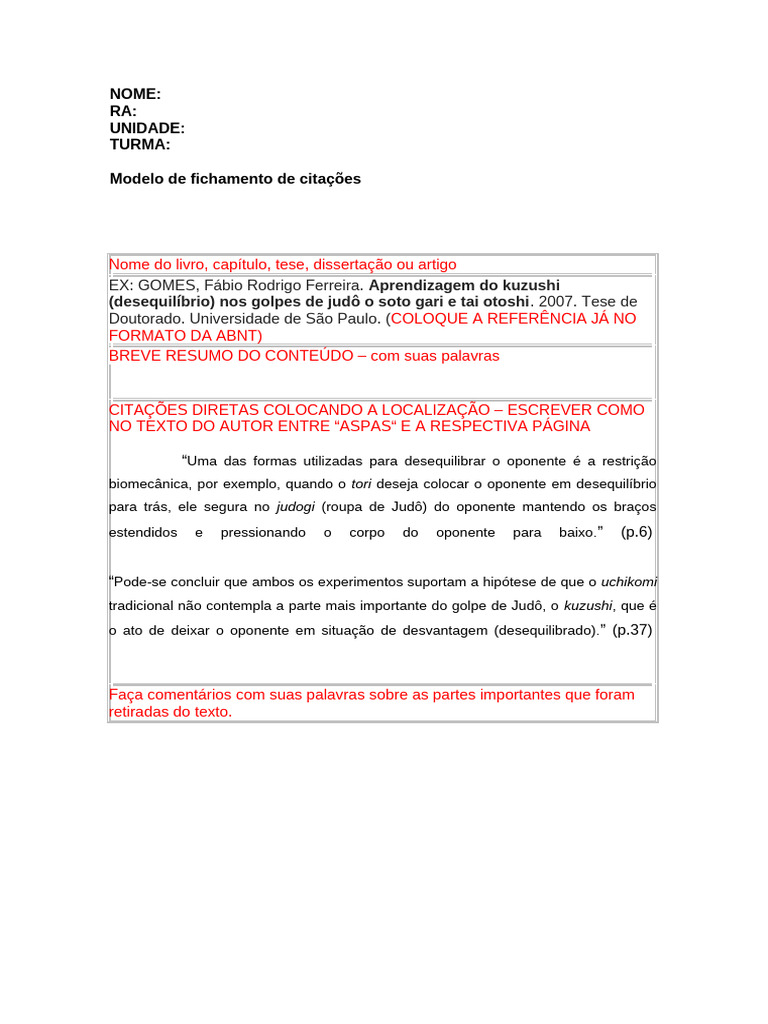 Modelo de Fichamento de Citações ABNT | PDF | Citação