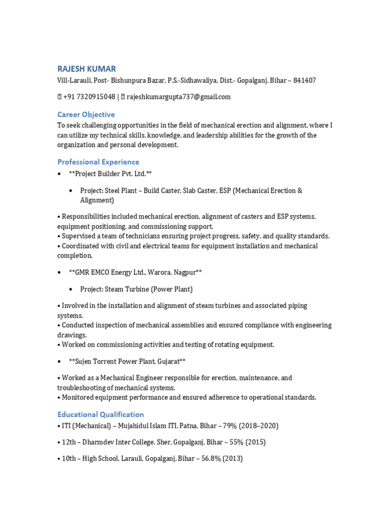 Rajesh Kumar Mechanical Engineer CV | PDF