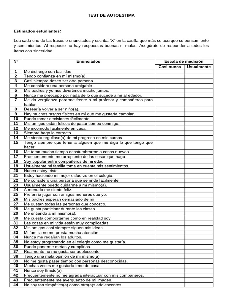 Test de Autoestima para Estudiantes | PDF | Autoestima