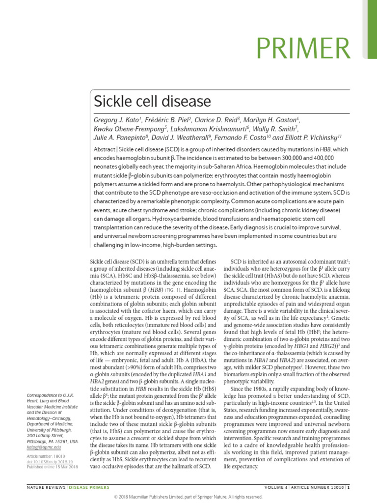 Sickle Cell Disease Gregory J. Kato1 | PDF | Hemoglobin | Hematology