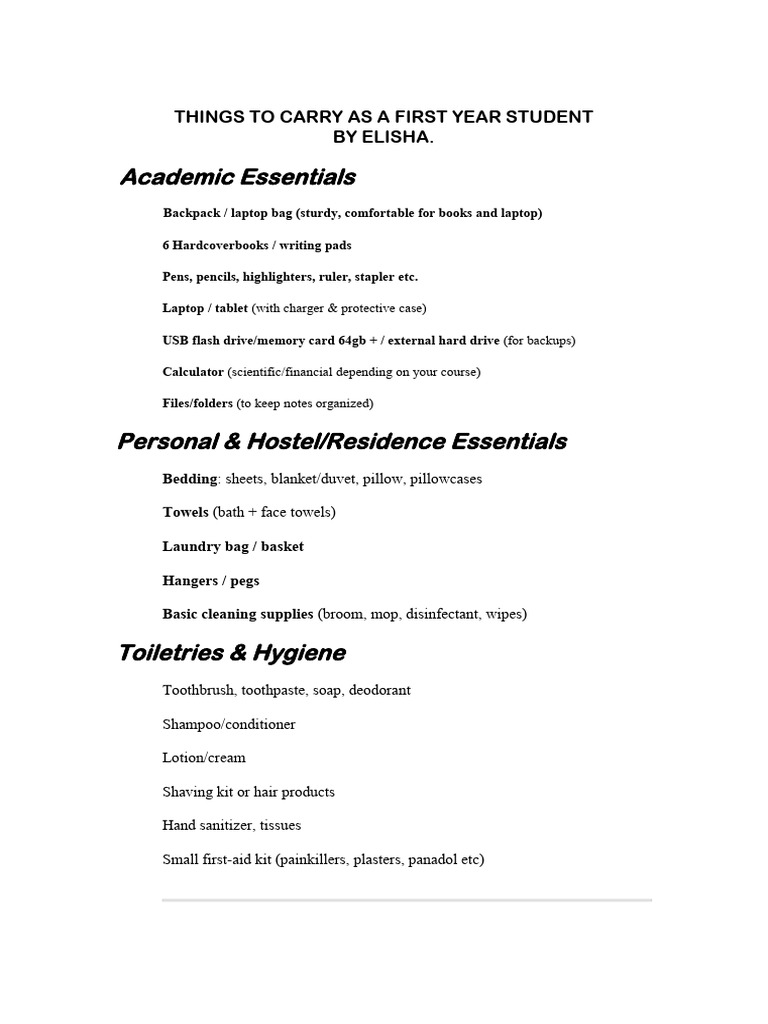 Essential Items for First-Year Students | PDF | Consumer Goods