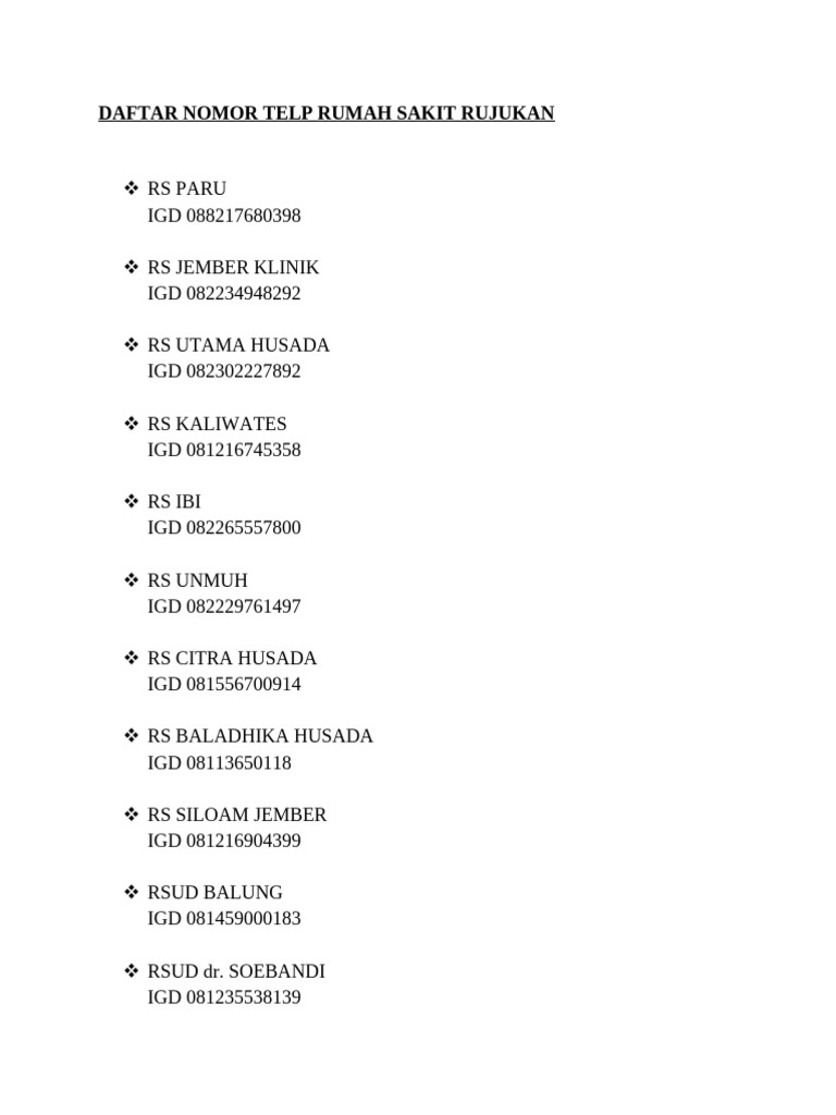 Daftar No Tel Rs Rujukan | PDF