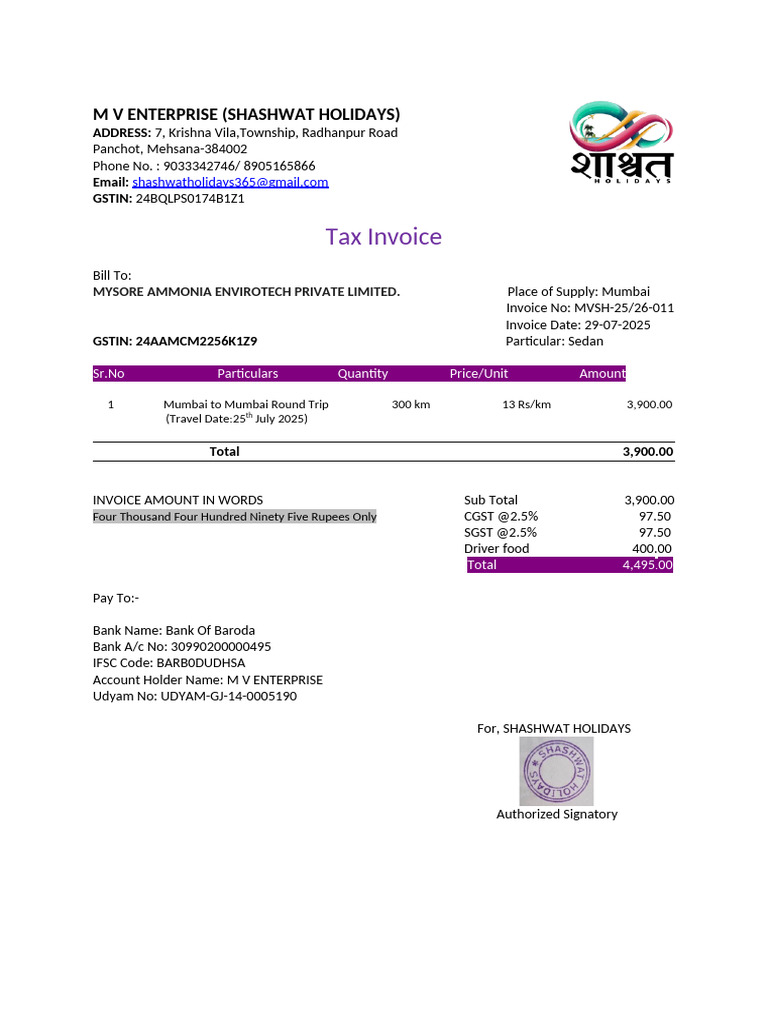Invoice for Sedan Rental Services | PDF