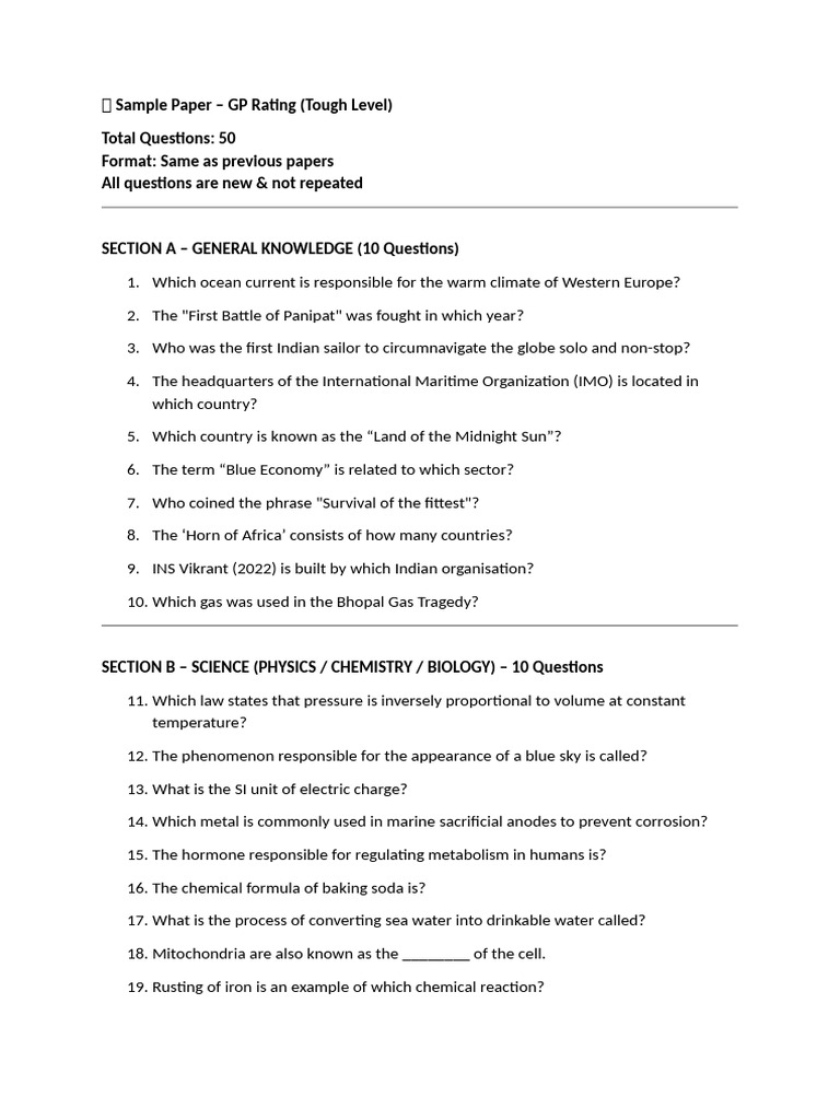 GP Rating Sample Paper: Tough Level | PDF | Corrosion | Water