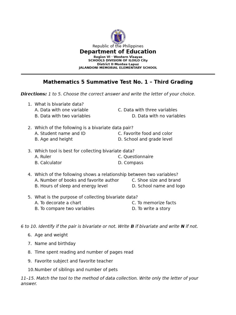 MATH 5 Summative Test Q3 - W1 | PDF