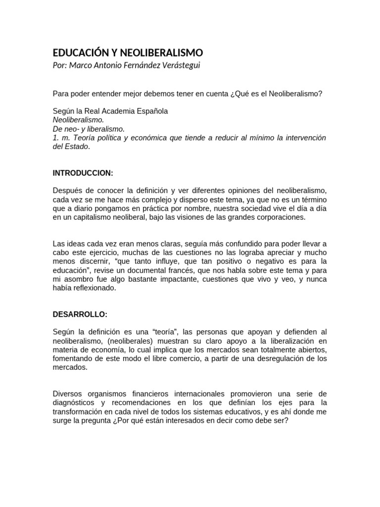 Impacto del Neoliberalismo en la Educación | PDF | Neoliberalismo ...