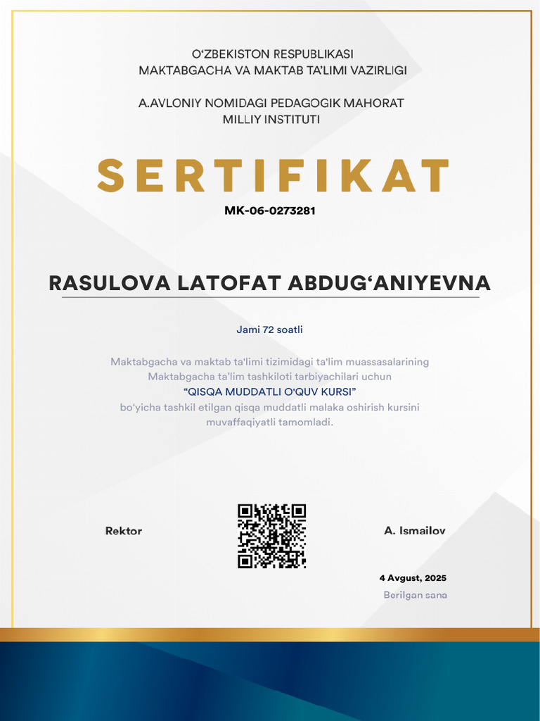 Rasulova Latofat Abdug Aniyevna: Jami 72 Soatli | PDF