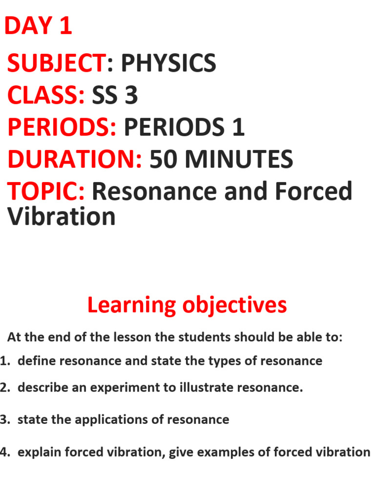1st Term Ss3 Physics WK 8 Day 3 Resonance and Forced Vibration 1 | PDF ...