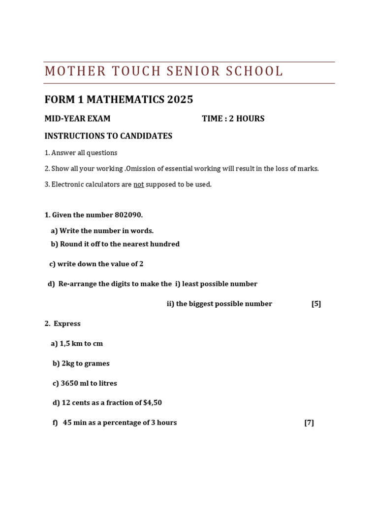 Form 1 Mathematics Exam 2025 | PDF | Area | Arithmetic