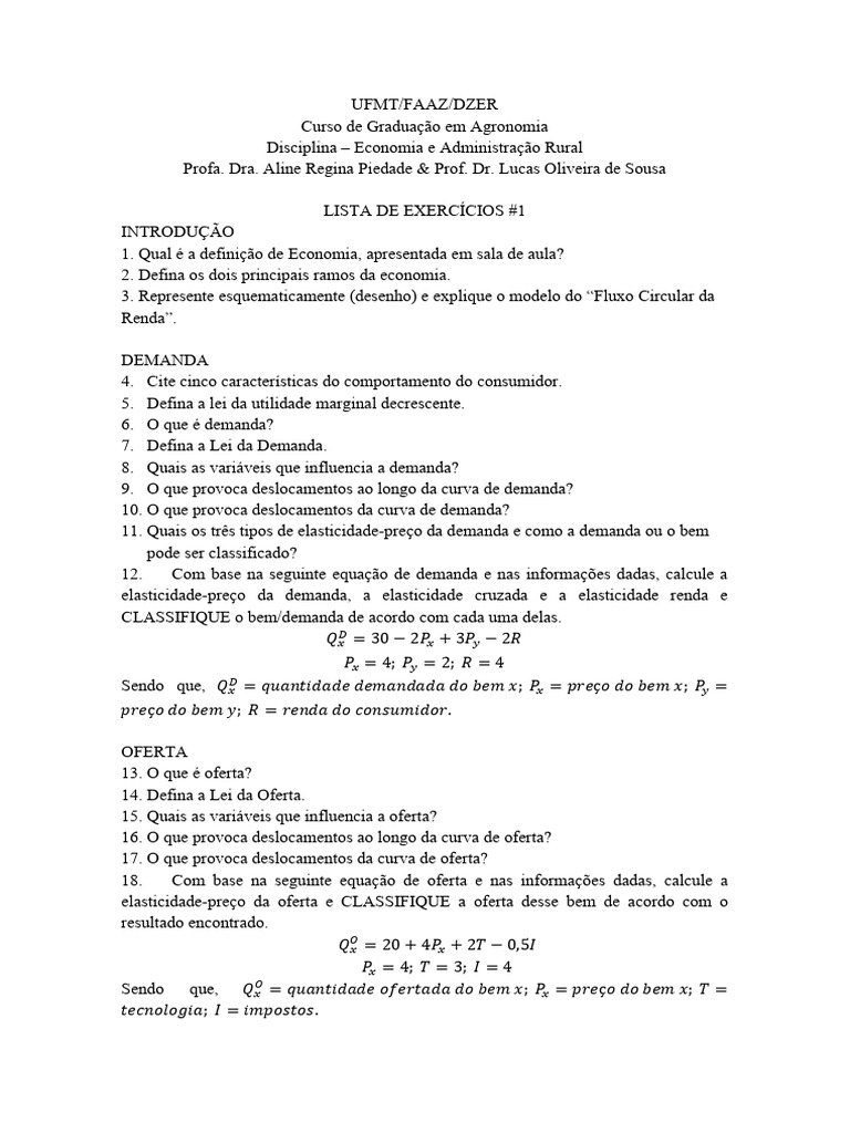 Exercícios de Economia Rural: Demanda e Oferta | PDF | Demanda | Oferta ...