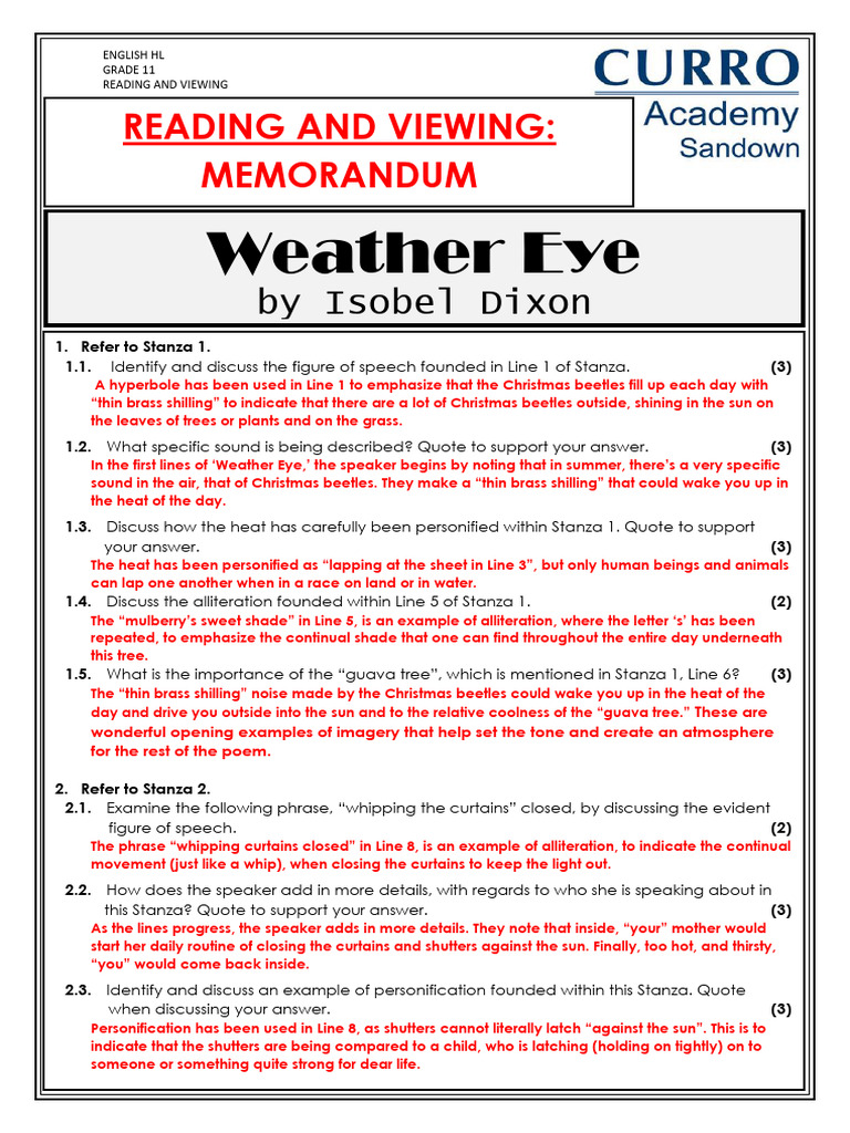 Weather Eye Poem Analysis for Grade 11 | PDF