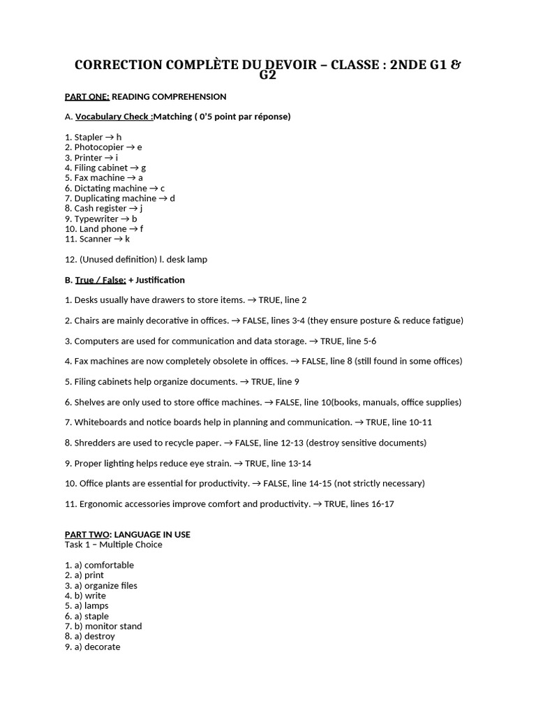 Correction Complète Du Devoir de 2ndG 1 Et G2 | PDF | Desk | Office ...