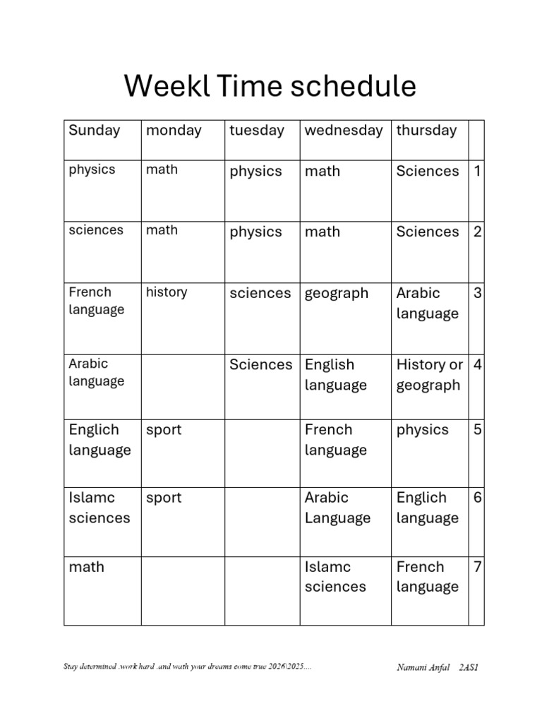 Weekly Study Schedule for 2025-2026 | PDF