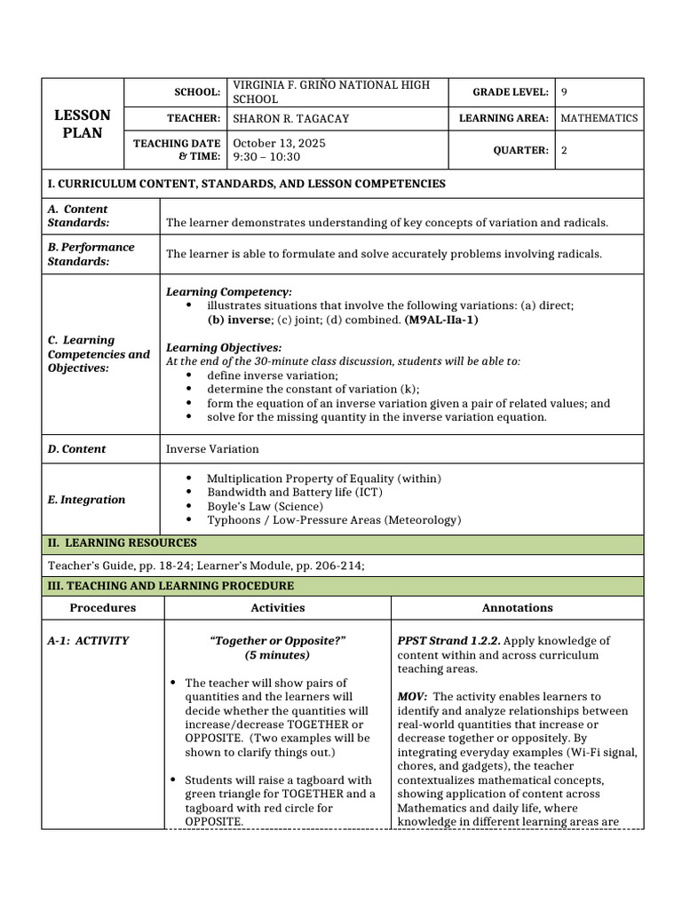 Lesson Plan on Direct Variations | PDF | Learning | Educational Technology