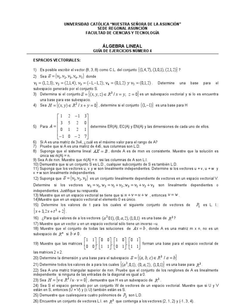 Guía de Ejercicios de Álgebra Lineal | PDF | Espacio vectorial | Vector ...