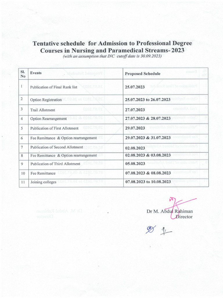 2023 Nursing & Paramedical Admission Schedule | PDF