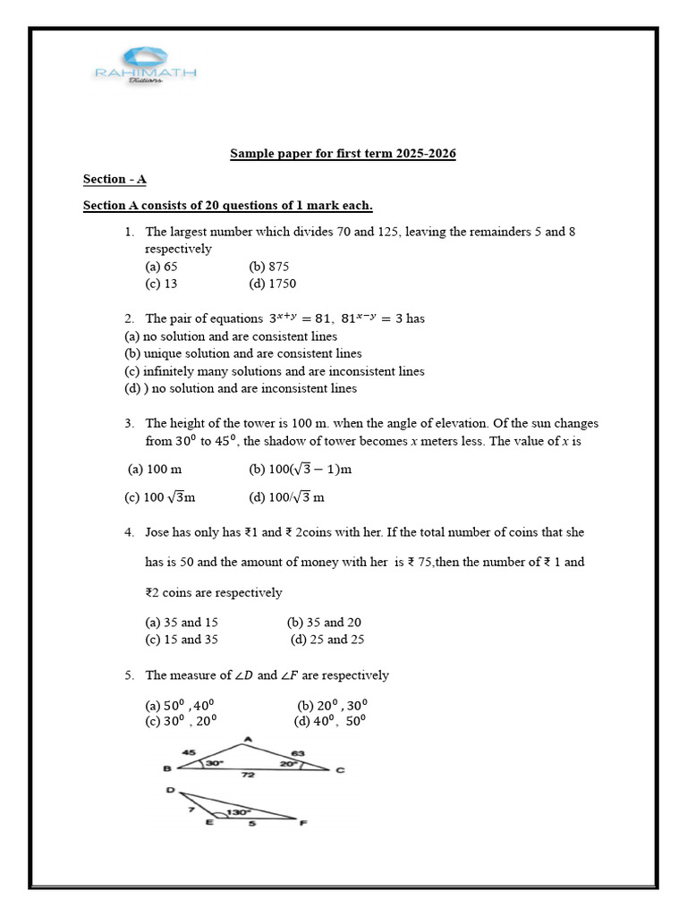First Term Sample Paper 2025-2026 | PDF | Mathematics | Elementary ...