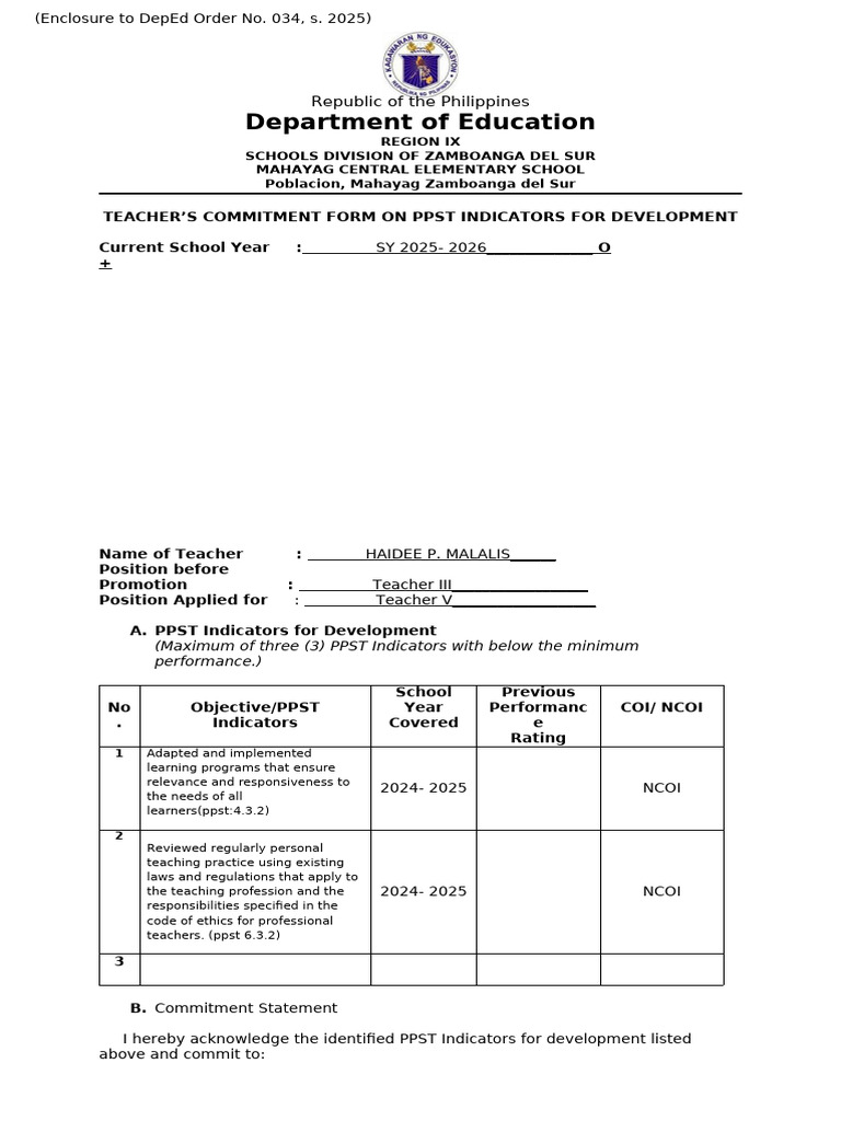 Teacher Commitment Form for PPST Indicators | PDF | Chess Theory | Chess
