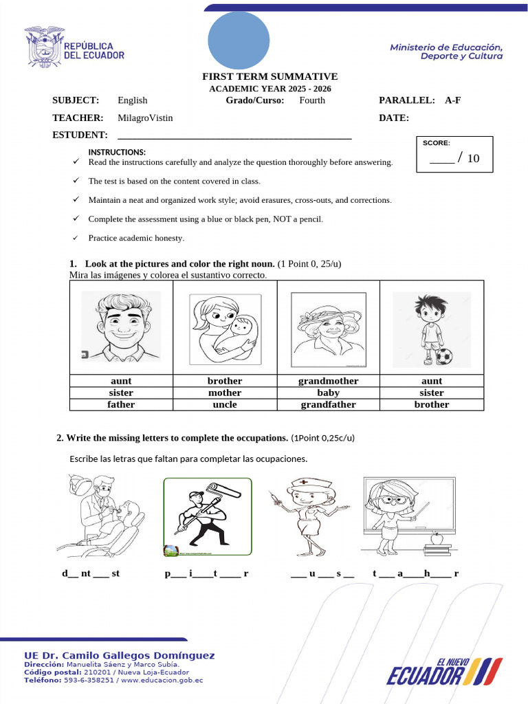 Evaluación de Inglés Cuarto Grado 2025-2026 | PDF