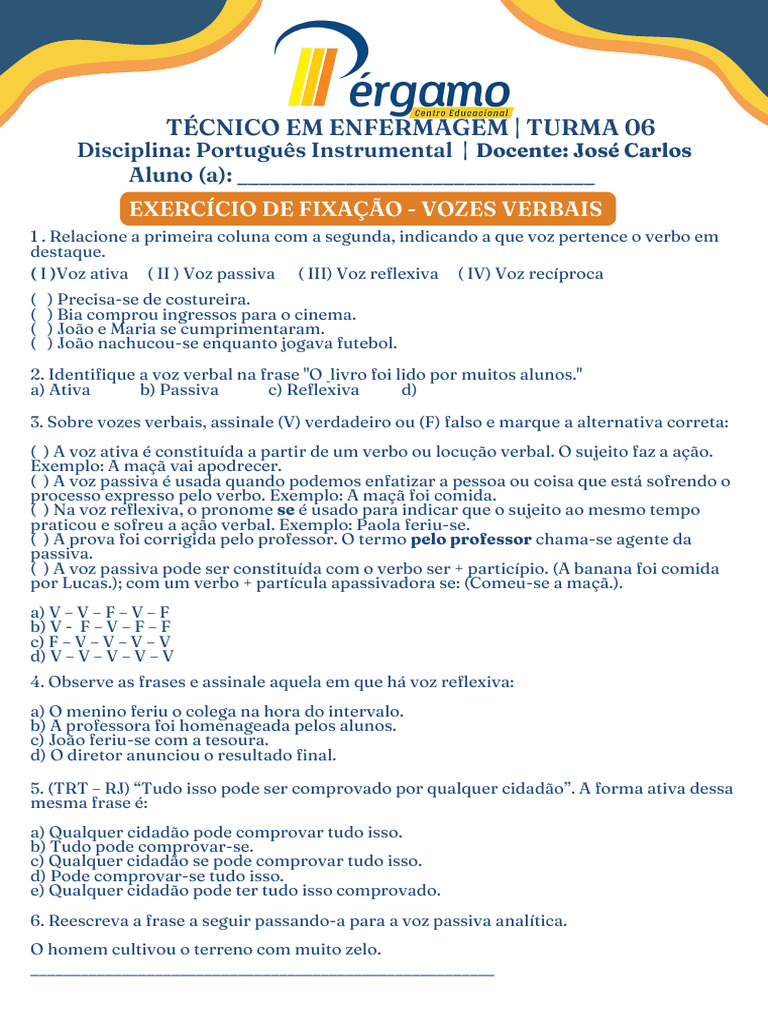 Exercícios sobre Vozes Verbais em Português | PDF | Gramática ...