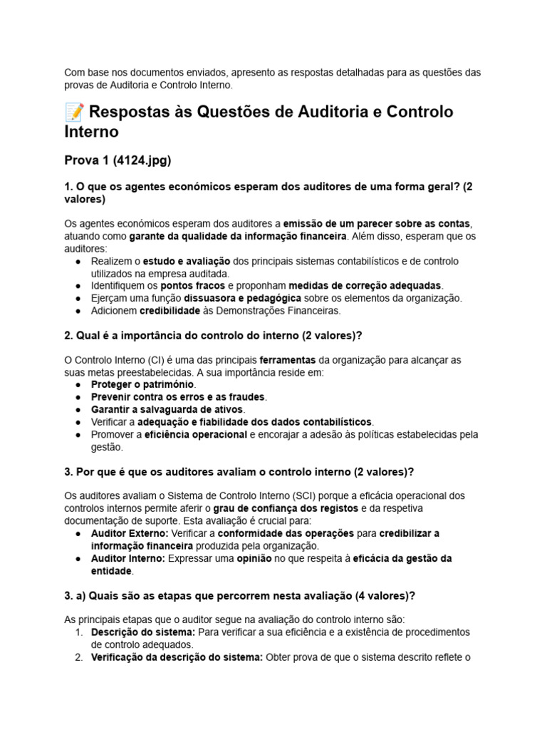 Respostas sobre Auditoria e Controlo Interno | PDF | Contabilidade ...