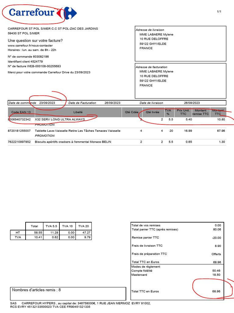 Facture Carrefour Drive - Commande 603082196 | PDF | Taxe sur la valeur ...